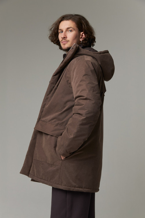 Куртка зимняя с капюшоном и накладными карманами Velour Touch, коричневый - 2